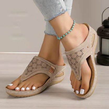 Laser Cut Arch Support Thong Wedge Sandals