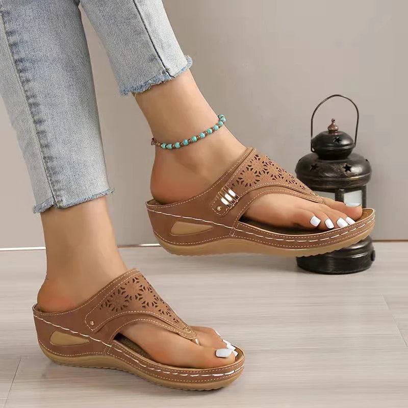 Laser Cut Arch Support Thong Wedge Sandals