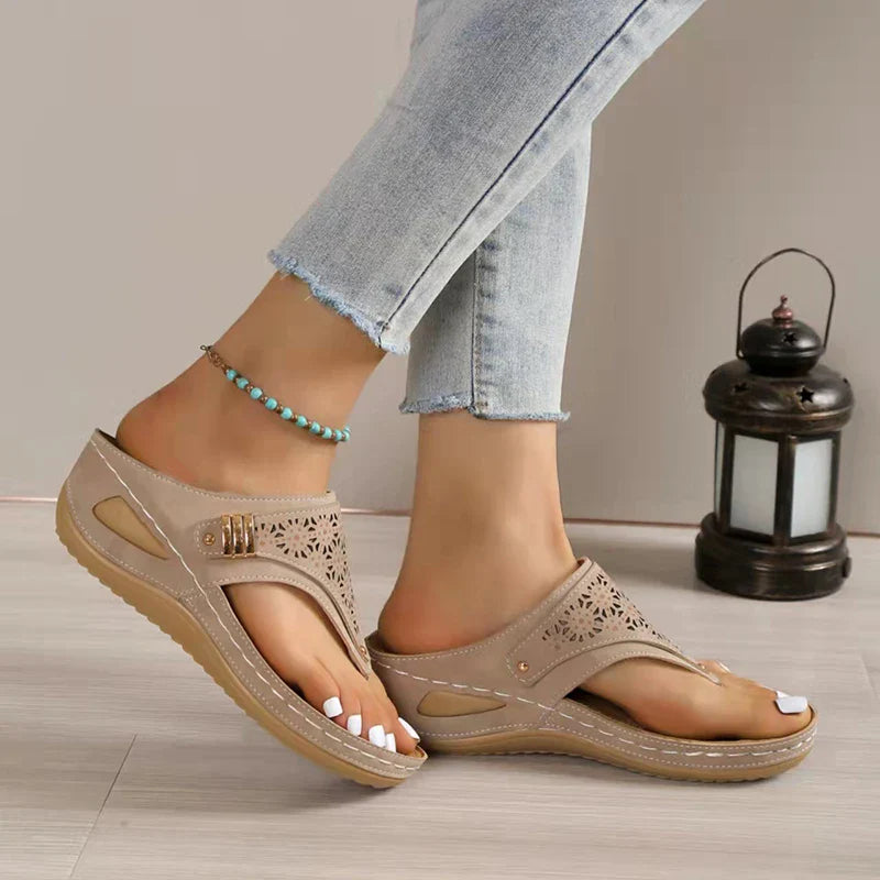 Laser Cut Arch Support Thong Wedge Sandals