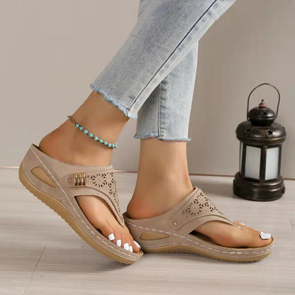 Laser Cut Arch Support Thong Wedge Sandals