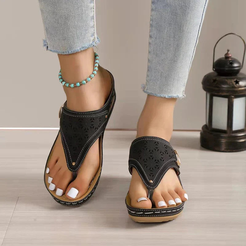 Laser Cut Arch Support Thong Wedge Sandals