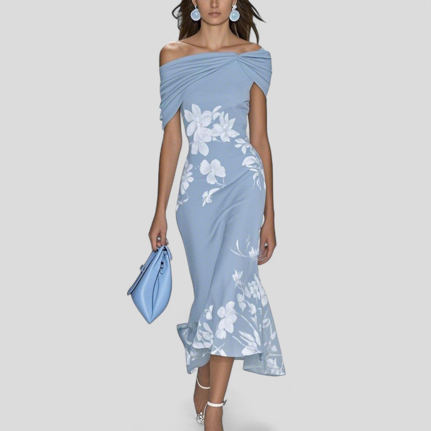 Women's Vintage Floral Cold Shoulder Midi Dress