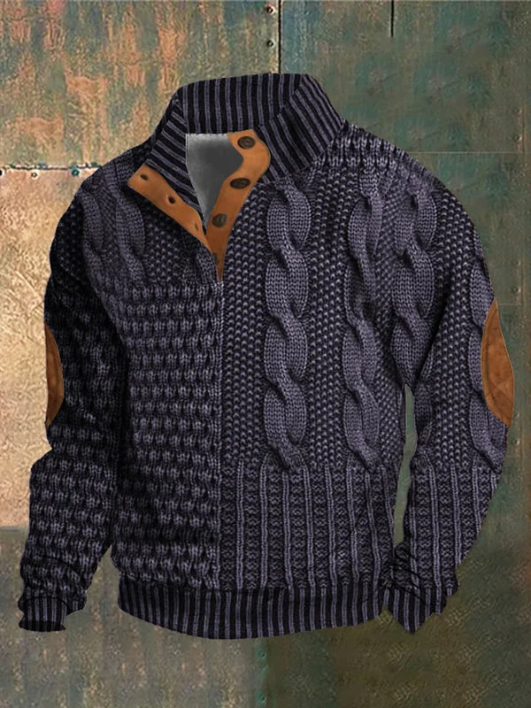 Men's Cable Knit Sweater Button Neck