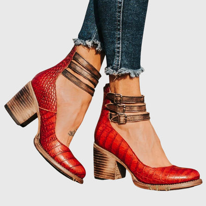 Ladies Buckled Ankle Block Heel Boots
