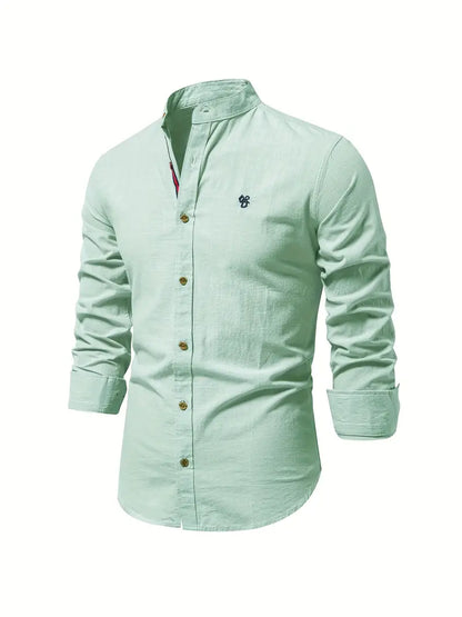 Men's Long Sleeve Button Shirt Band Collar White