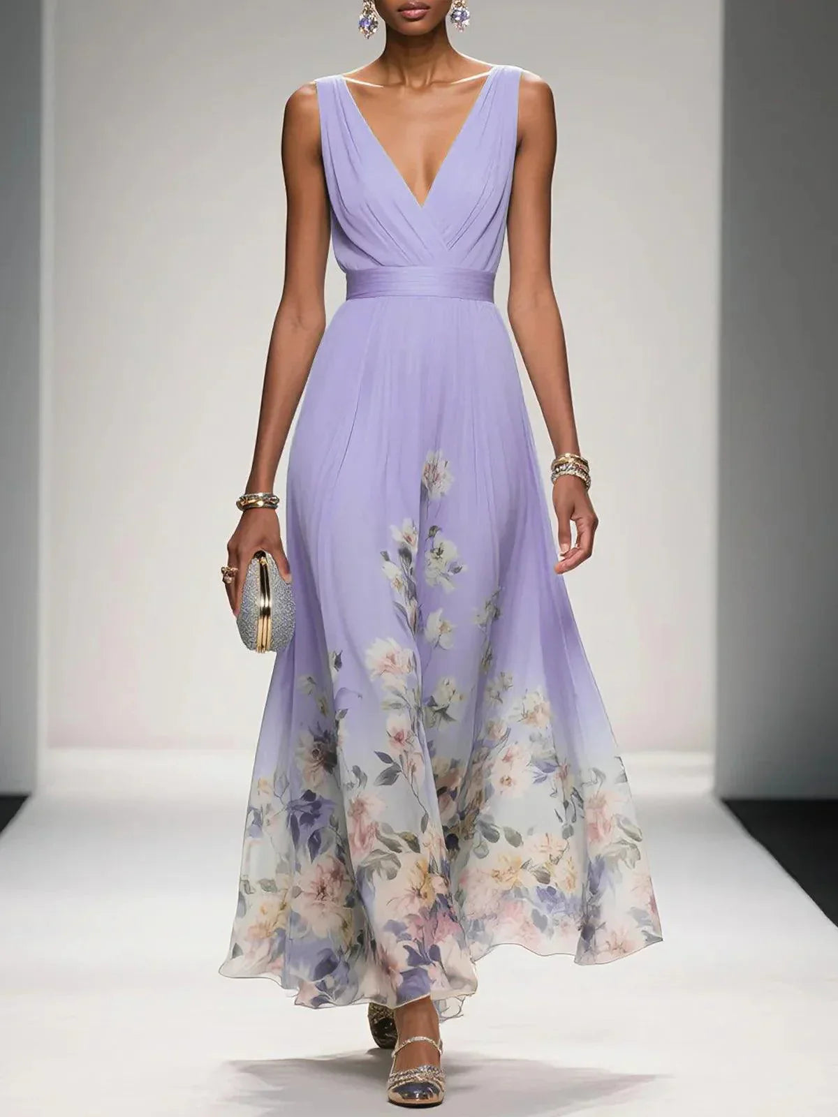 Women's Floral Maxi Dress Sleeveless V-Neck Wide Straps