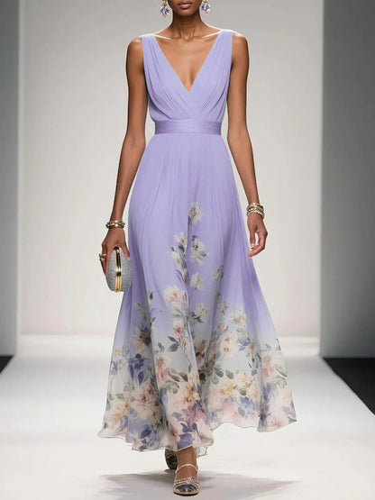 Women's Floral Maxi Dress Sleeveless V-Neck Wide Straps