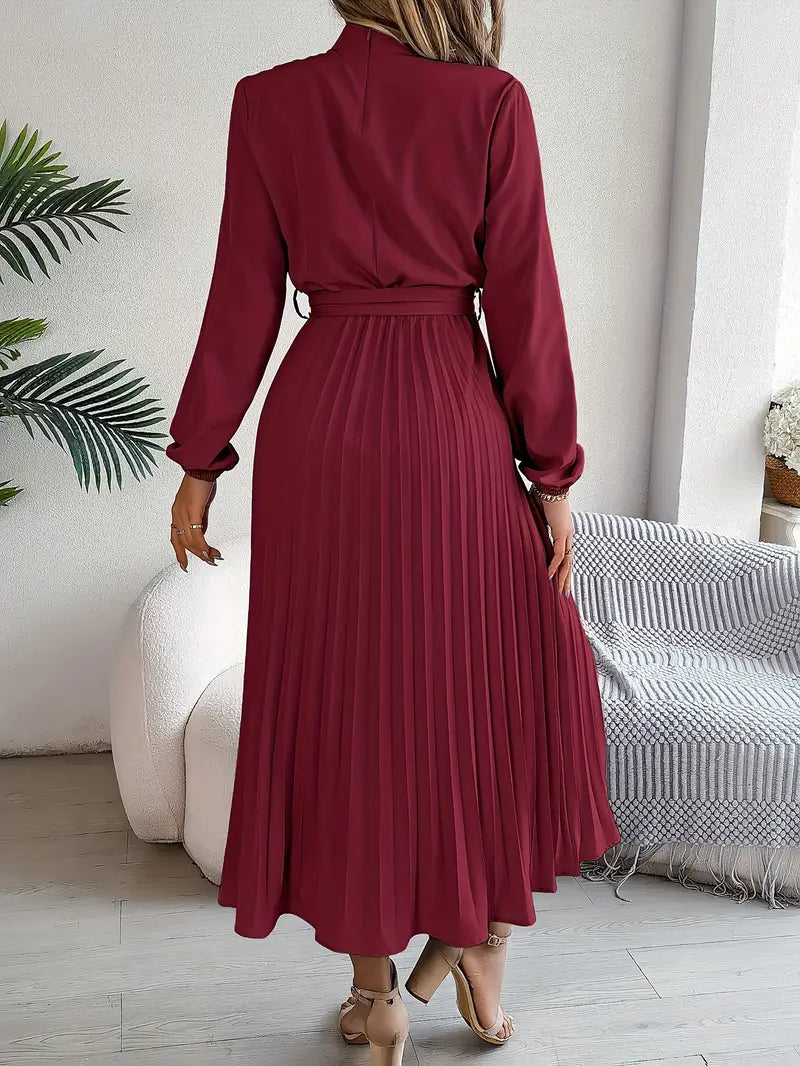 Women's Pleated Midi Dress Belted Waist