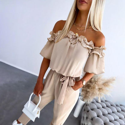 Elegant Cold Shoulder Ruffle Waist Jumpsuit - VibreMode