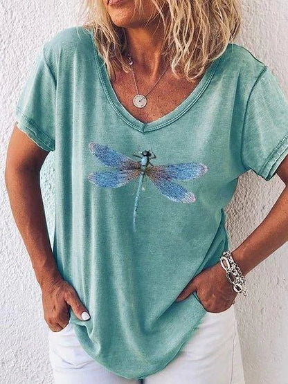 Women's V-Neck Short Sleeve Tee Dragonfly Print Casual