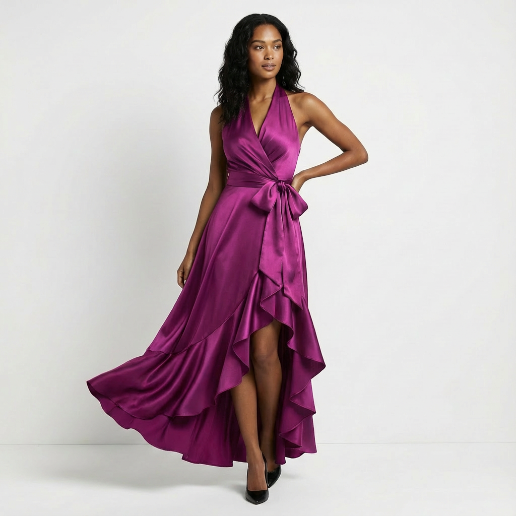 Women's Satin Maxi Dress Halter Neck Ruffled Hem - VibreMode