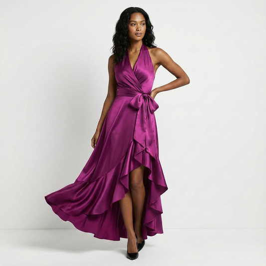 Women's Satin Maxi Dress Halter Neck Ruffled Hem - VibreMode