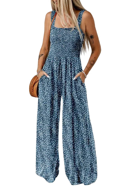Women's Smocked Jumpsuit Wide Leg Cotton Side Pockets