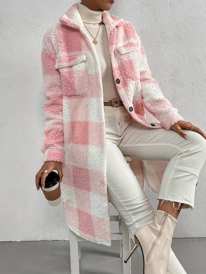 Women's Plaid Fleece Coat Button Front Pockets - VibreMode