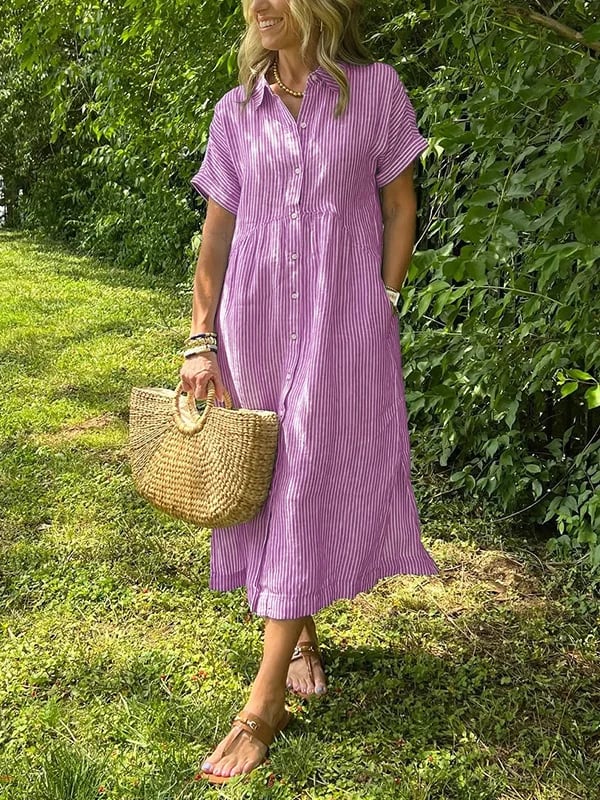 Women's Casual Midi Dress Short Sleeve Button Front