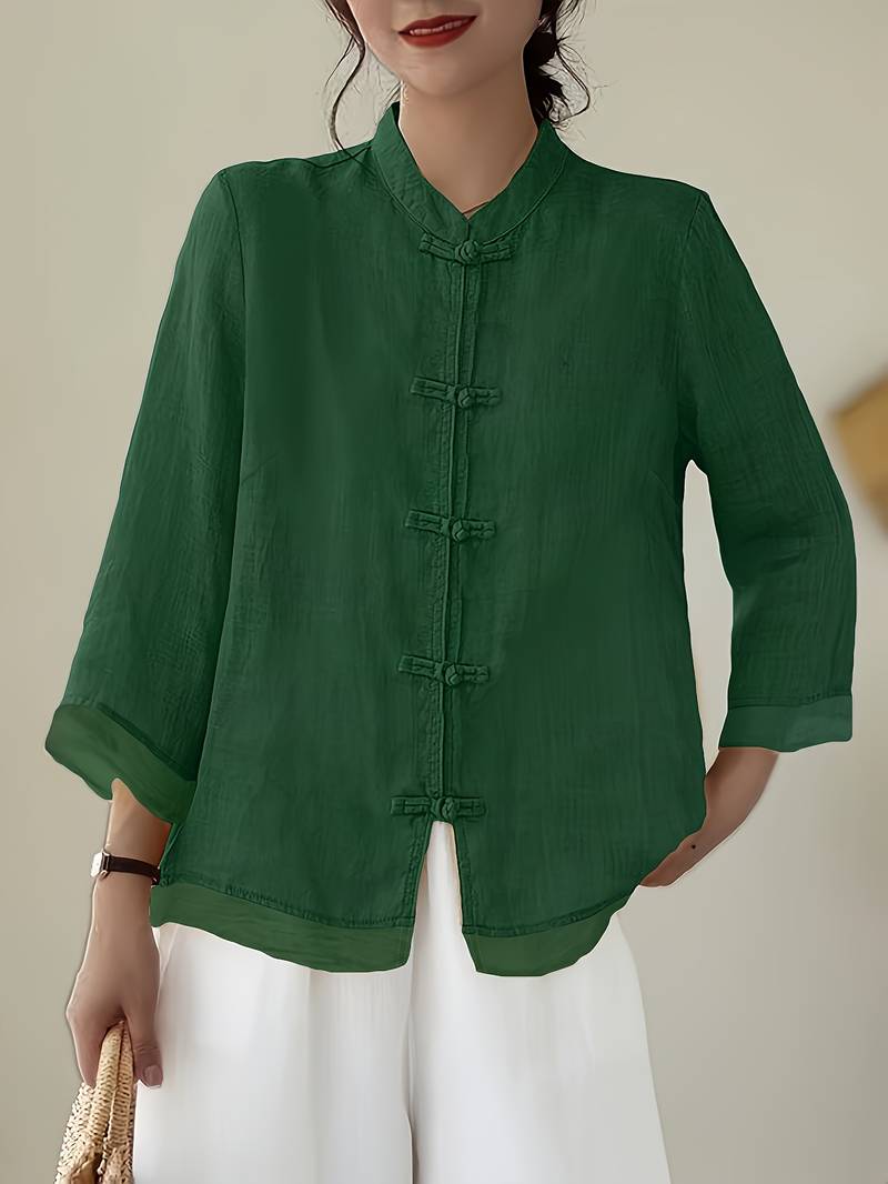 Women's Mandarin Collar Blouse Frog Buttons - VibreMode