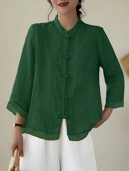 Women's Mandarin Collar Blouse Frog Buttons - VibreMode