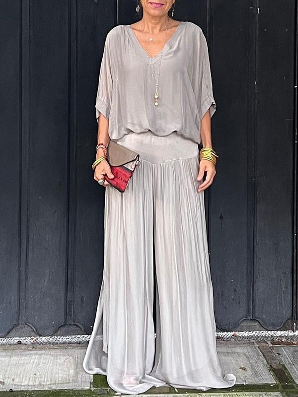 Green Women's V-Neck Flare Sleeve Loose Fit Jumpsuit Set