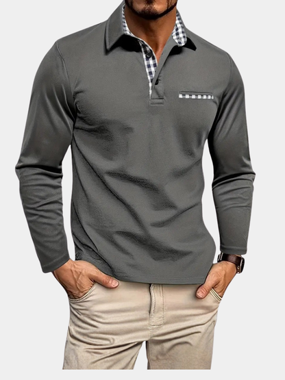 Men's Long Sleeve Polo Shirt Contrast Collar Pocket - VibreMode