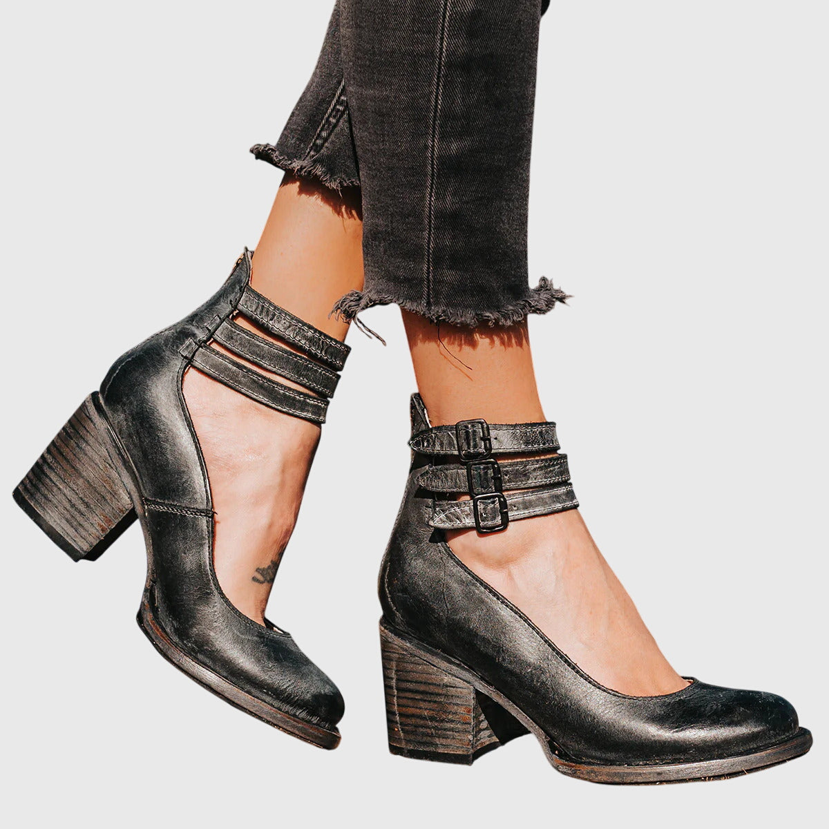 Ladies Buckled Ankle Block Heel Boots