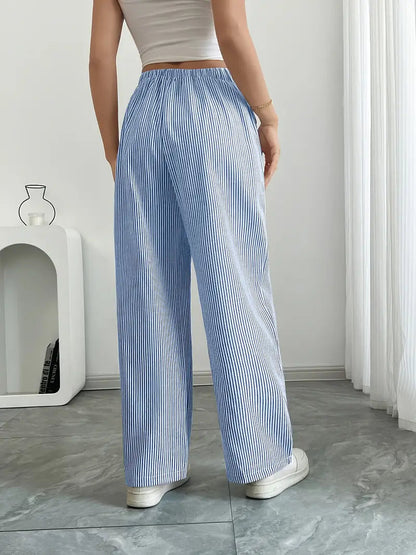 Image of Adrienne | Women's High-Waisted Striped Wide Leg Trousers