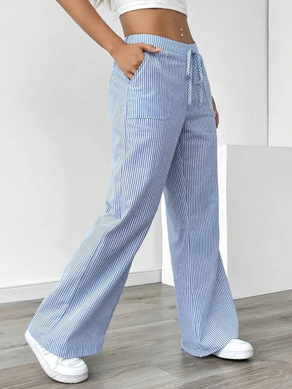 Image of Adrienne | Women's High-Waisted Striped Wide Leg Trousers