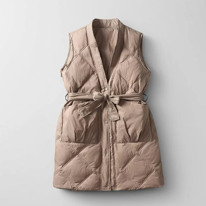 Women's Quilted Vest Belted Mid-Thigh Length - VibreMode