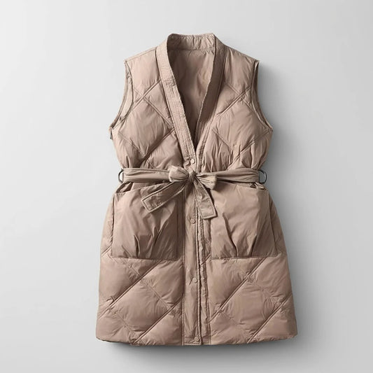 Women's Quilted Vest Belted Mid-Thigh Length - VibreMode