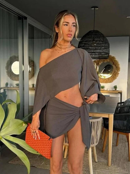Image of Aimee | Women's Tie Front Mini Skirt Crop Top Set