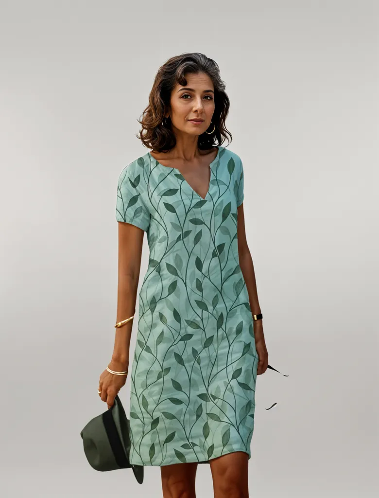 Women's V-Neck Mini Dress Leaf Pattern - VibreMode