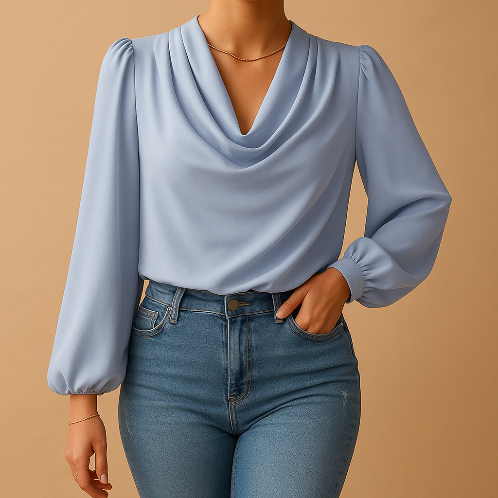 Airy women’s blouse with a V-neck and puff sleeves, ideal for casual days, summer outings, or elegant dinners.