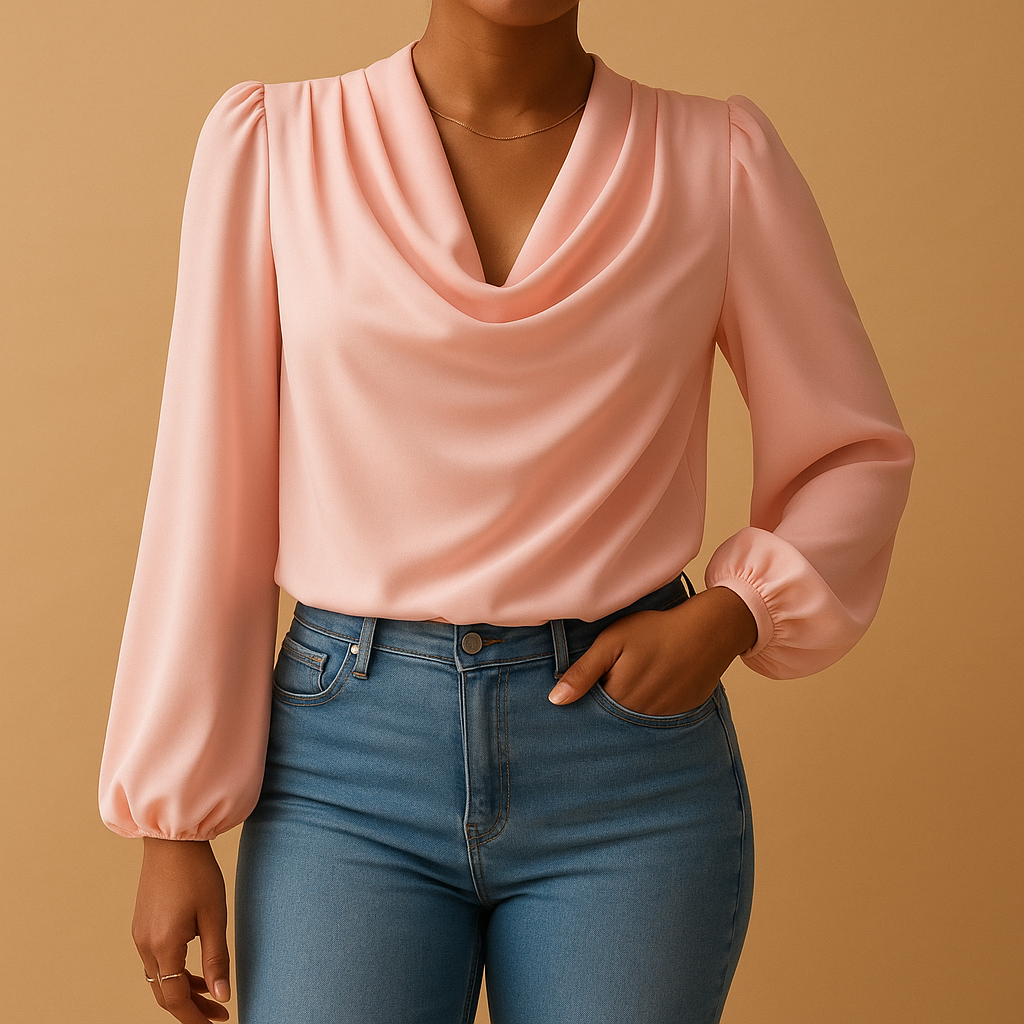 Airy women’s blouse with a V-neck and puff sleeves, ideal for casual days, summer outings, or elegant dinners.
