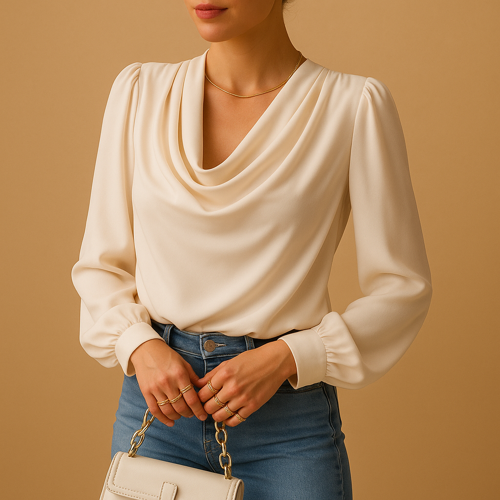 Airy women’s blouse with a V-neck and puff sleeves, ideal for casual days, summer outings, or elegant dinners.