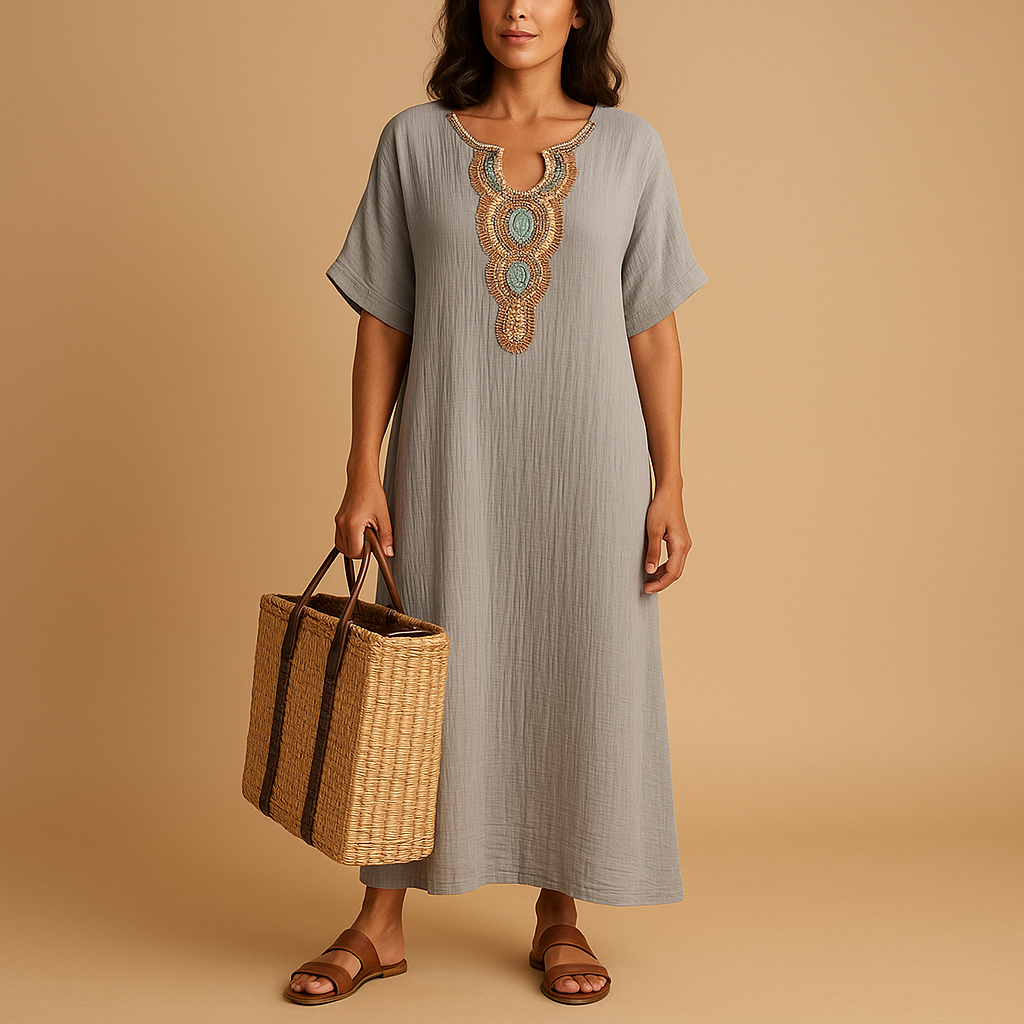 Airy kaftan summer dress for women with a loose flowing silhouette, ideal for beach days, holidays, and warm weather occasions.