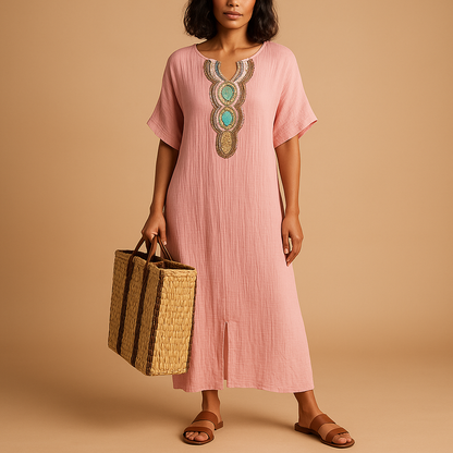 Airy kaftan summer dress for women with a loose flowing silhouette, ideal for beach days, holidays, and warm weather occasions.