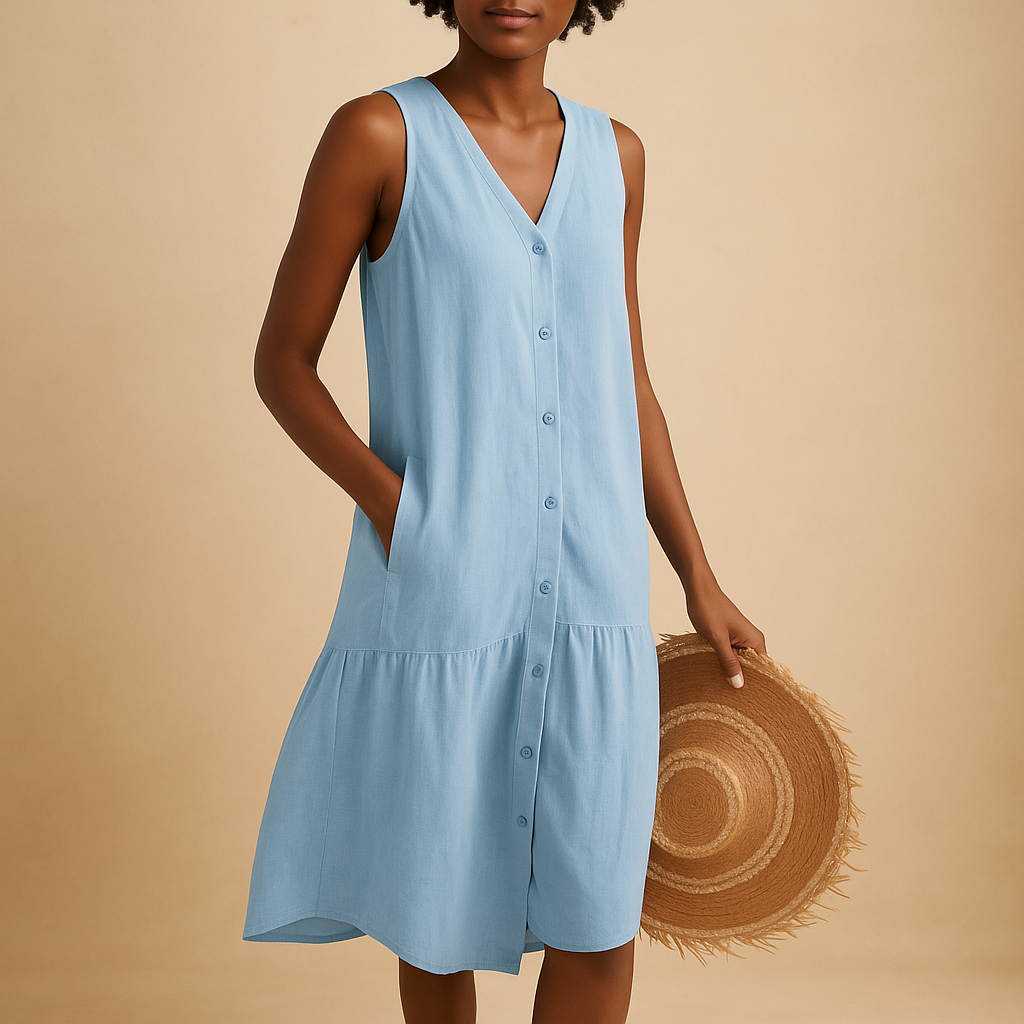 Airy V-neck summer dress for women with a flowing timeless silhouette, ideal for beach days, vacations, brunches, and summer evenings.