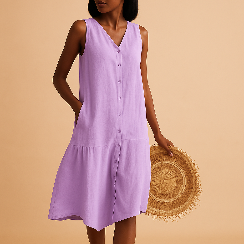 Airy V-neck summer dress for women with a flowing timeless silhouette, ideal for beach days, vacations, brunches, and summer evenings.