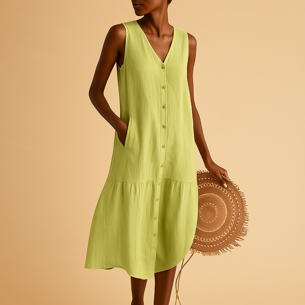 Airy V-neck summer dress for women with a flowing timeless silhouette, ideal for beach days, vacations, brunches, and summer evenings.