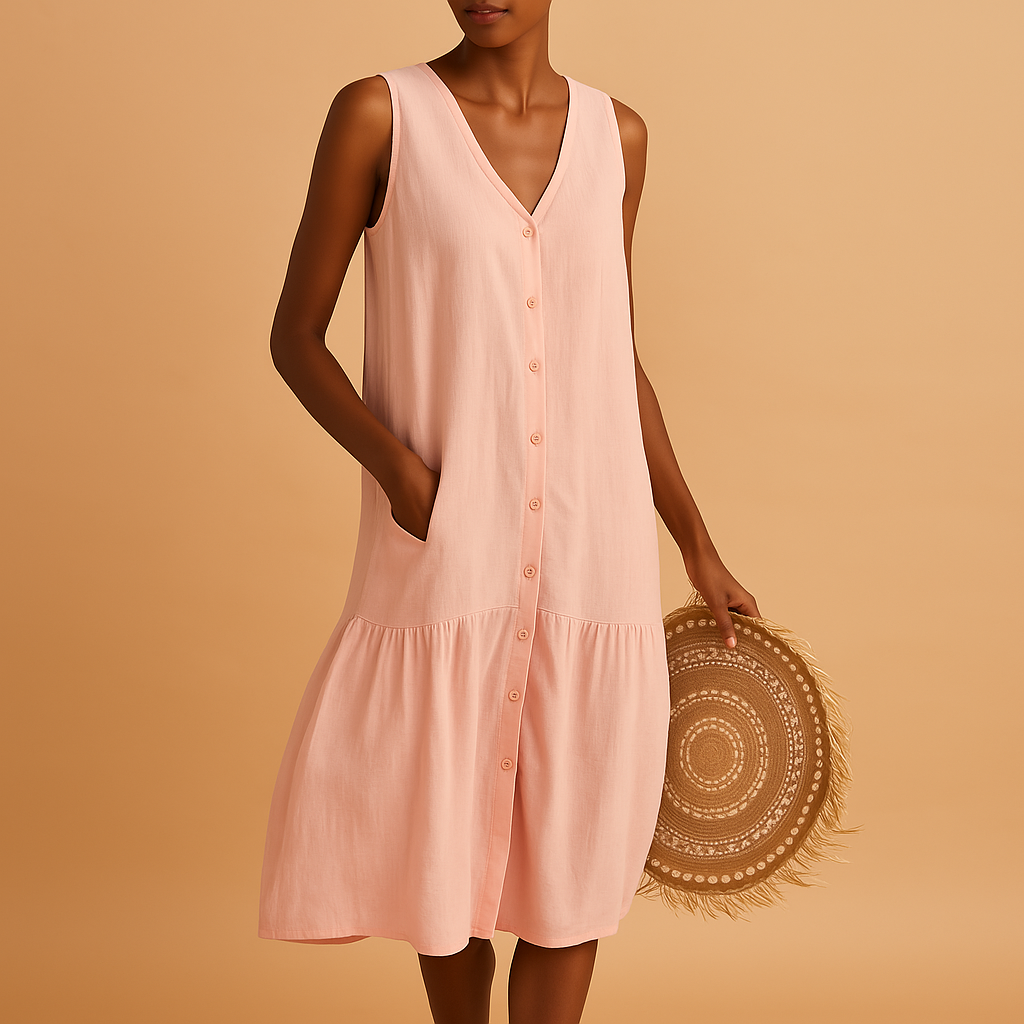 Airy V-neck summer dress for women with a flowing timeless silhouette, ideal for beach days, vacations, brunches, and summer evenings.