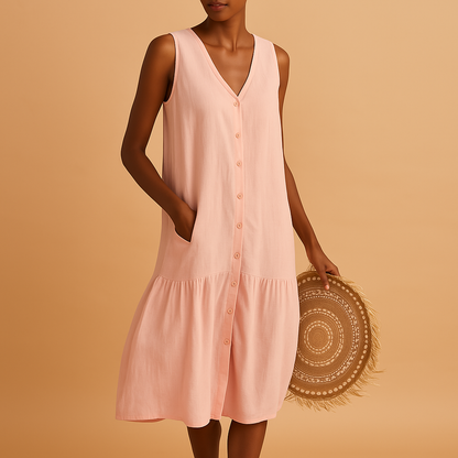 Airy V-neck summer dress for women with a flowing timeless silhouette, ideal for beach days, vacations, brunches, and summer evenings.