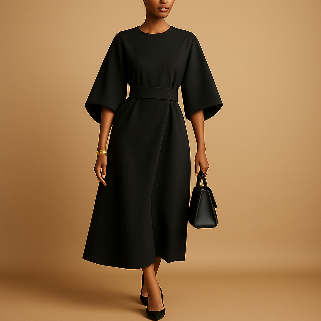 Flattering Waist Belt Midi Dress for Ladies - VibreMode