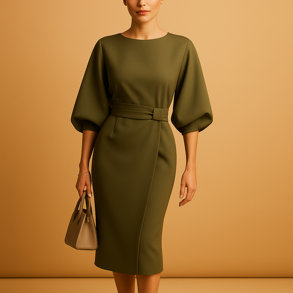 Women’s A-line midi dress with waist belt and wide sleeves, ideal for office wear, chic dinners, and semi-formal occasions.