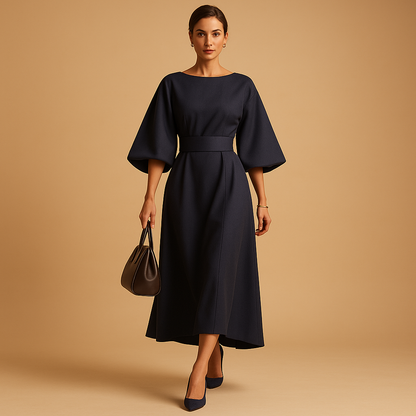Women’s A-line midi dress with waist belt and wide sleeves, ideal for office wear, chic dinners, and semi-formal occasions.