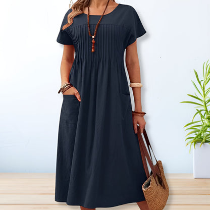 Women's Short Sleeve Midi Dress Cotton Side Pockets Beige