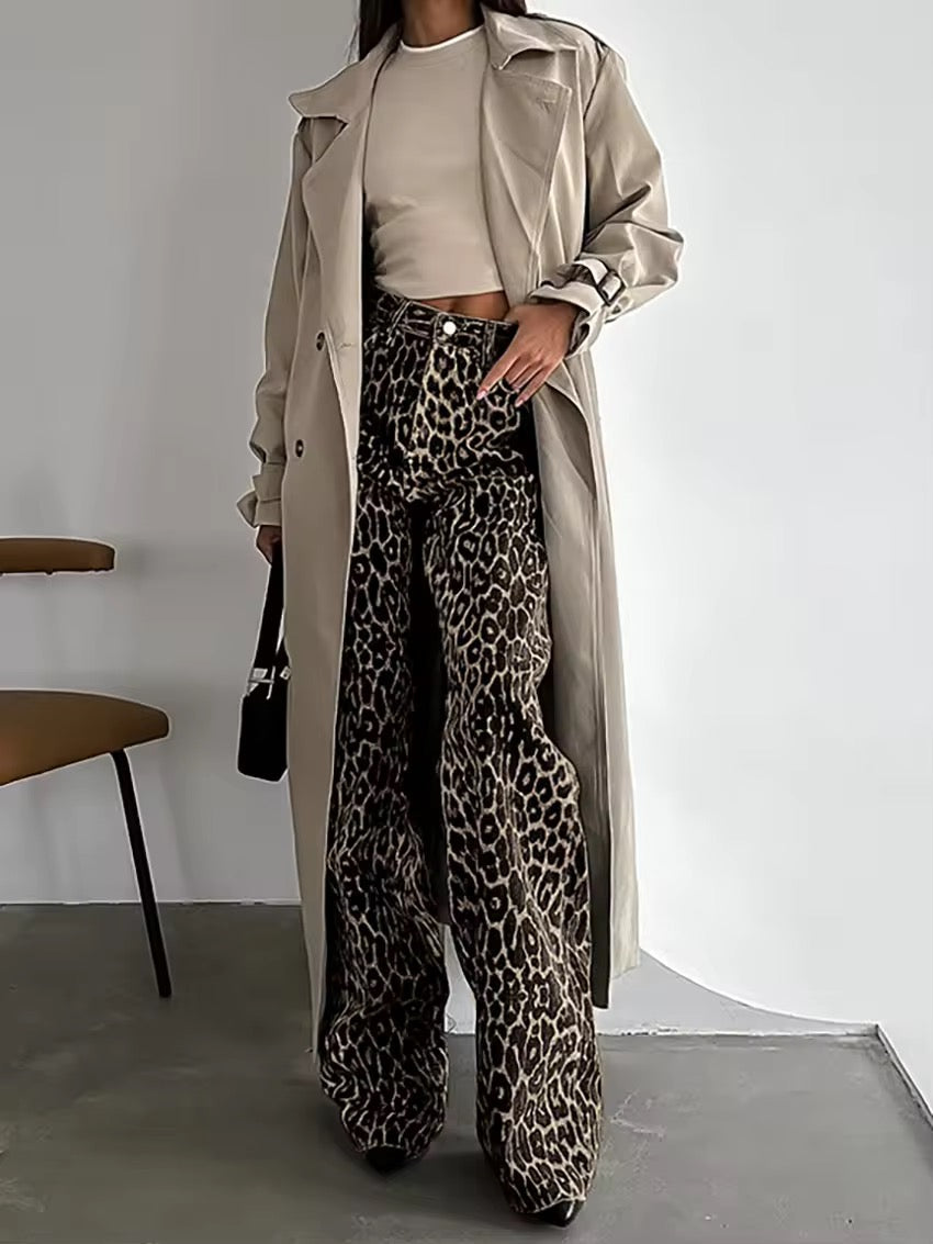 Women's High Waisted Wide Leg Jeans Leopard Print - VibreMode