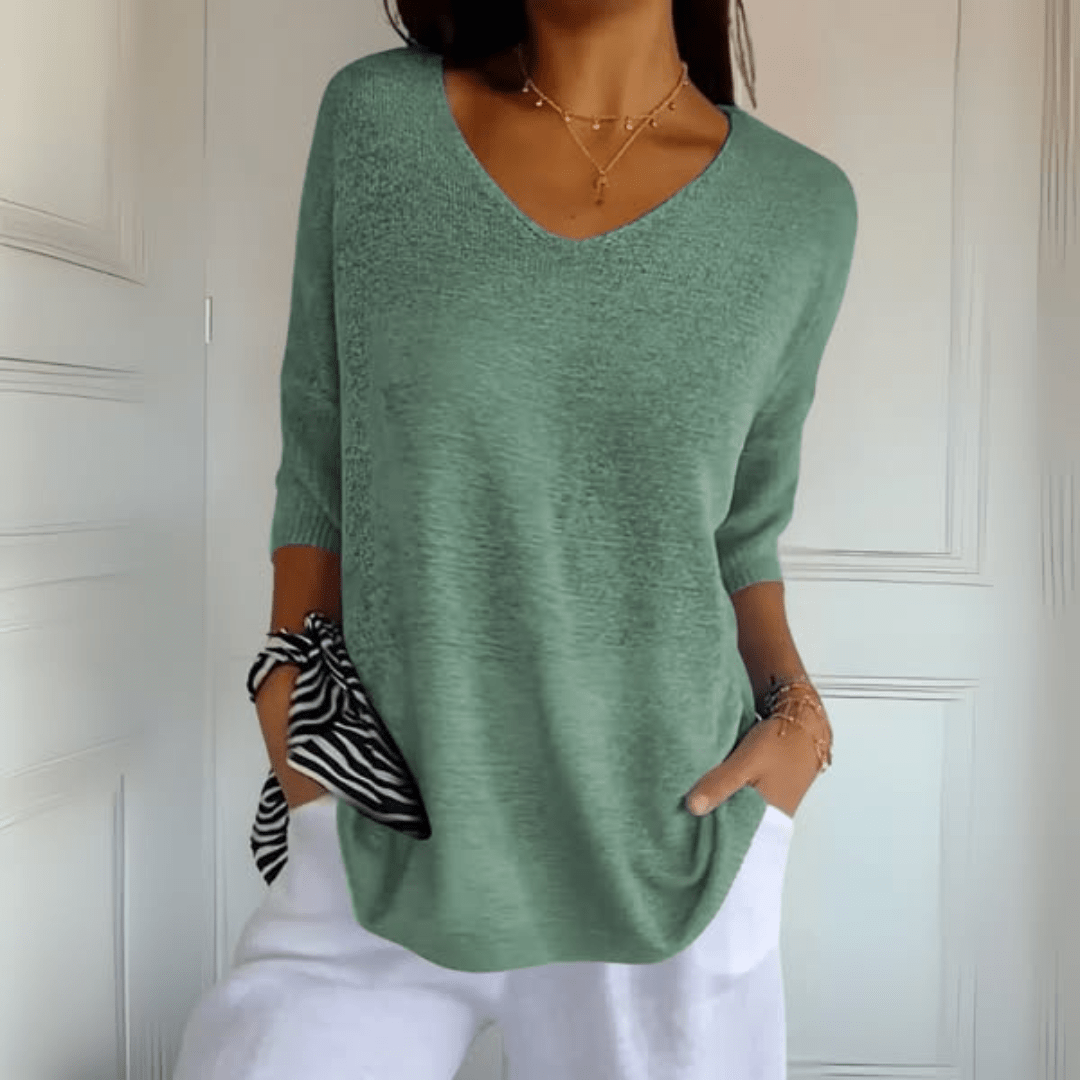 Women's V-Neck Sweater Three-Quarter Sleeves