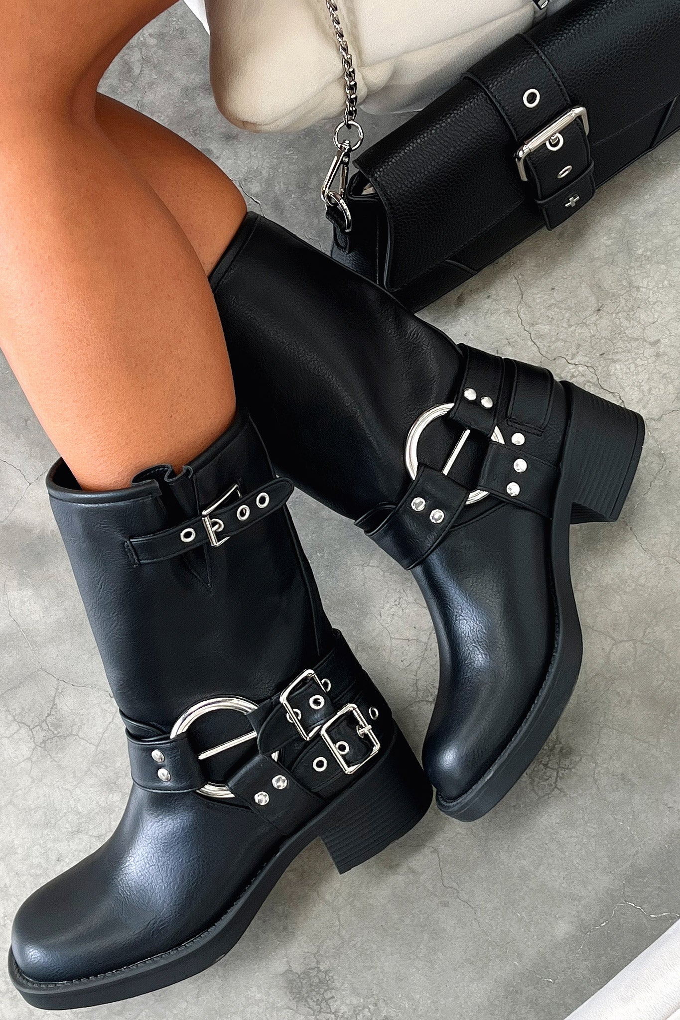 Women's Block Heel Boots Buckle Detail
