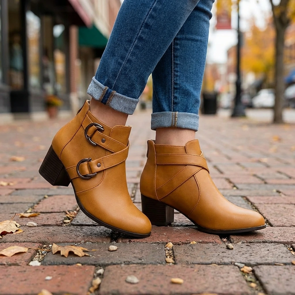 Ladies High Heel Ankle Boots with Buckle Detail - VibreMode