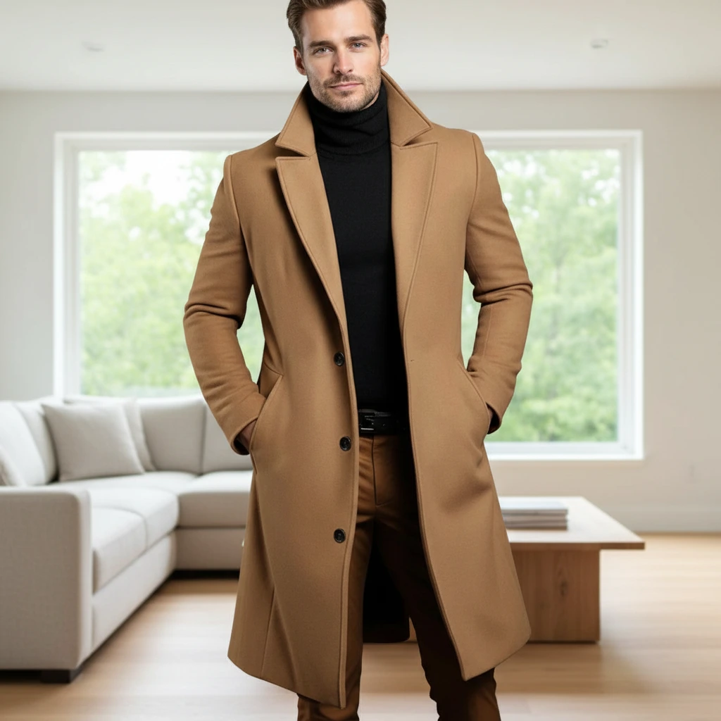 Men's Classic Stylish Long Wool Coat - VibreMode