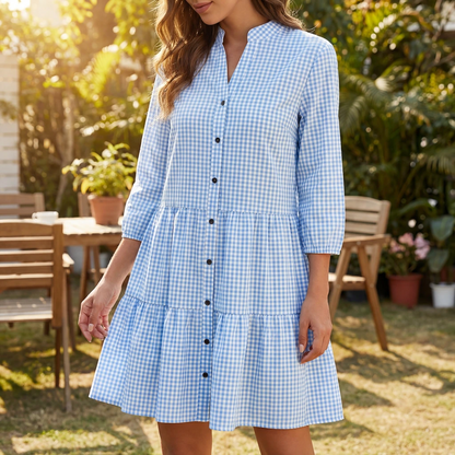 Classic Checkered Front Button Dress - VibreMode